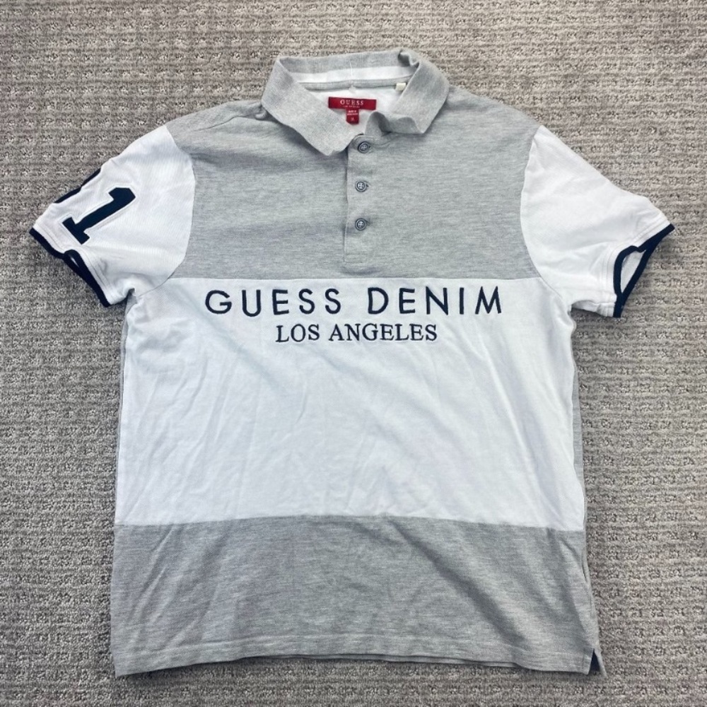 Guess Denim Los Angeles Shirt Men Medium M White Gray Spell Out Embroidered Logo